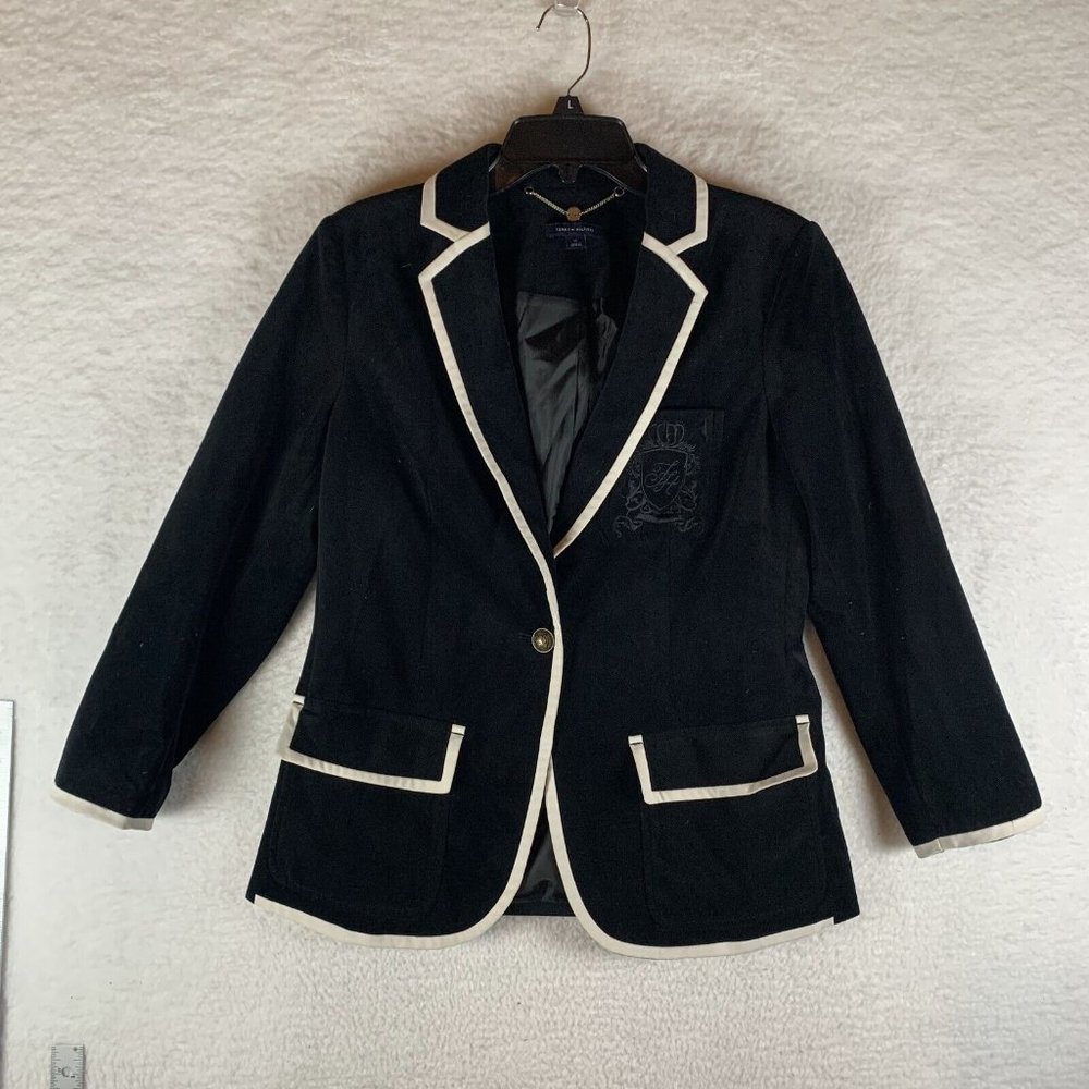 Tommy Hilfiger Blazer Jacket Women's 10 Black Velvet Crest Logo Trim White 8578